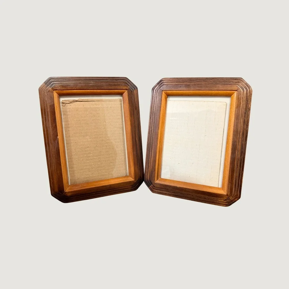 Vintage Wood Picture Frames Set of 2 Geometric Lines 5x7 Photo 9x7 Rustic
